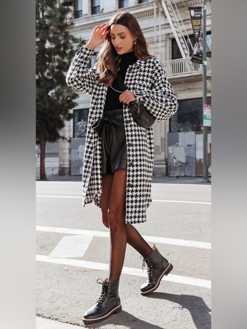 Fate Black and White Houndstooth Button Front Coat M